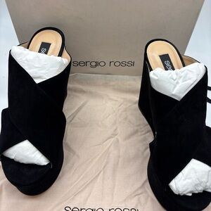 SERGIO ROSSI Womens Black 1-1/2" Platform Alma Wedge Slip On Sandal 39.5 US9.5